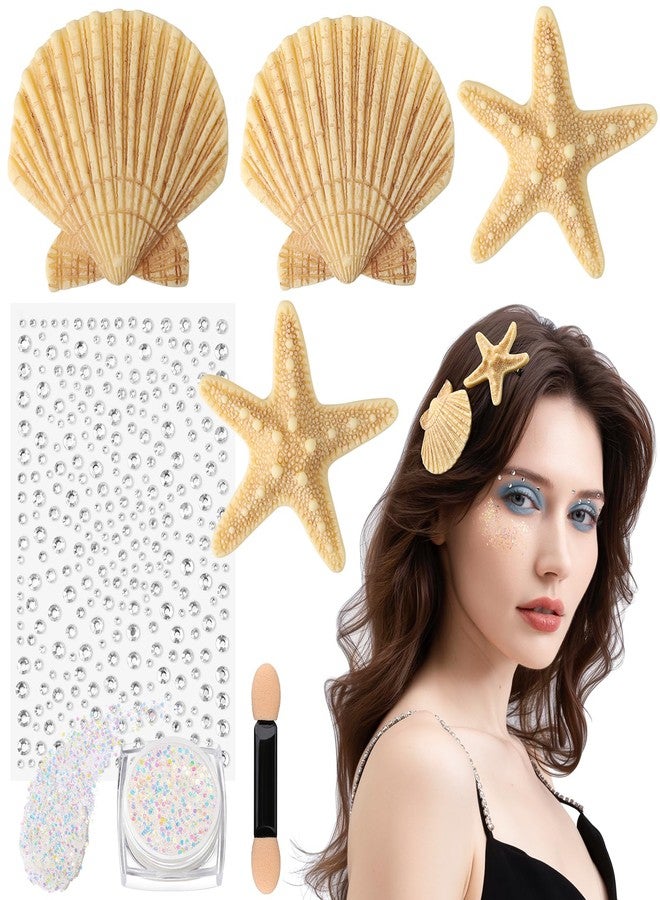 YGDZ Starfish Seashell Hair Clip, 4PCS Mermaid Hair Accessories, Face Body Glitter, Face Gems for Mermaid Costume, Mermaid Outfit for Women, Girls - Image 1